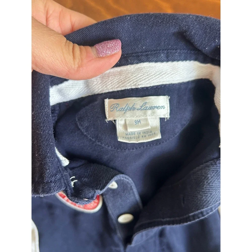 Ralph Lauren Baby Boy Navy Blue Polo Romper One Piece 9M 67 Patch Striped